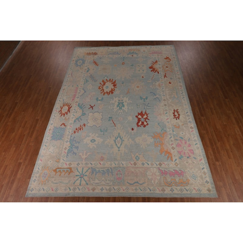 Blue Vegetable Dye Oushak Turkish Large Rug Handmade Wool Carpet - 10'4"x 14'3"