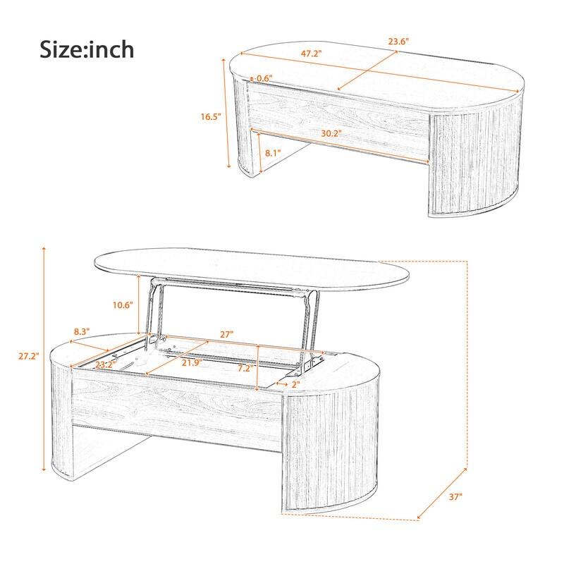 Wood Lift Top Coffee Table with Hidden Storage, 47" Oval Lift Table Top wavy grooves Design Conversation Table