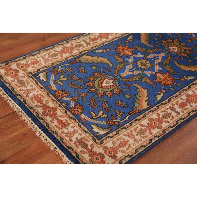 Blue Floral Oushak Indian Foyer Rug Handmade Wool Carpet - 3'0"x 5'0"
