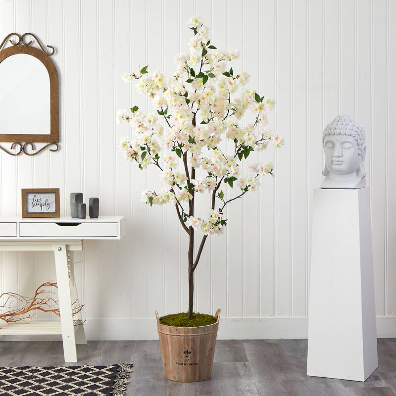6ft Cherry Blossom Artificial Tree in Farmhouse Planter with Lifelike White Blossoms and Green Leaves for Home Decor