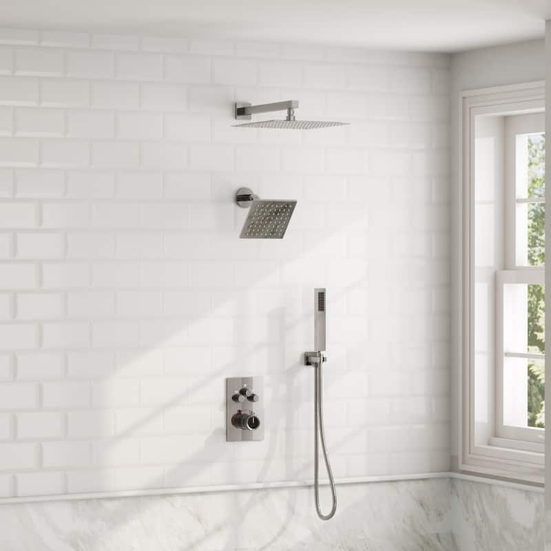 GRANDJOY 3-Function Thermostatic Shower System 12'' Rainfall Shower Head with Anti-Scald Valve
