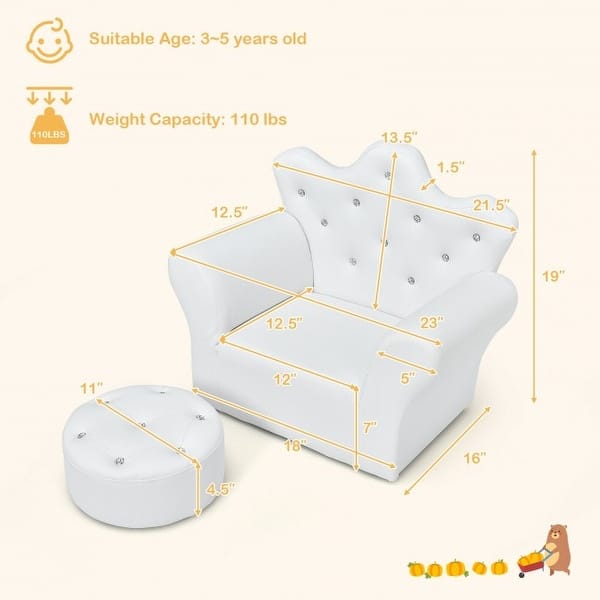 Children Upholstered Princess Sofa with Ottoman and Diamond Decoration for Boys and Girls-White - 23" x 16" x 19" (L x W x H)