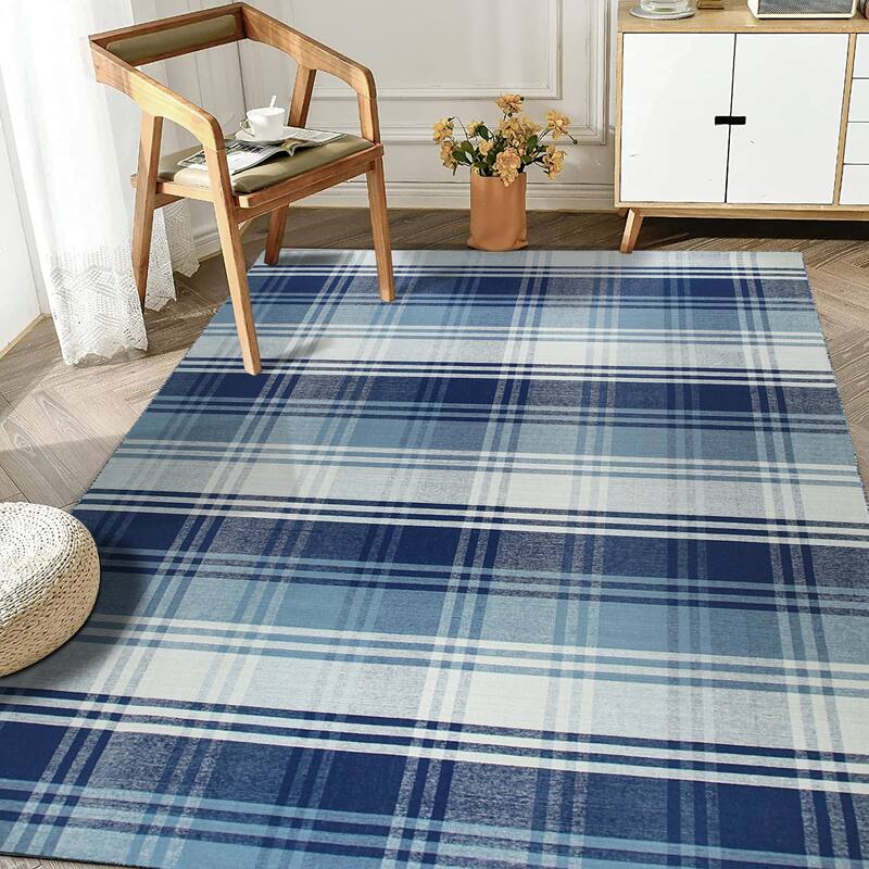 Home Decor EORC Hand-Woven Wool Plaid Rug, Blue Stylish and Durable Area Rug for Adding Comfort and Texture to Your Living Room