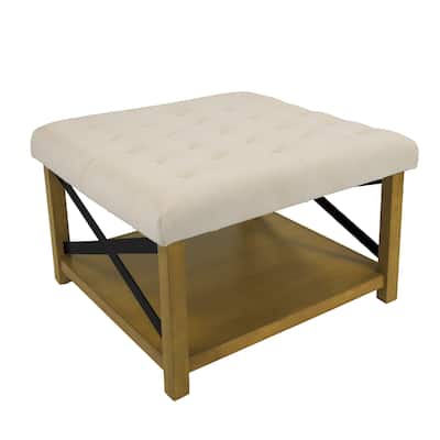 Ottoman with Open Storage, Wood Legs, Cream Tufted Microfiber 30 Inch