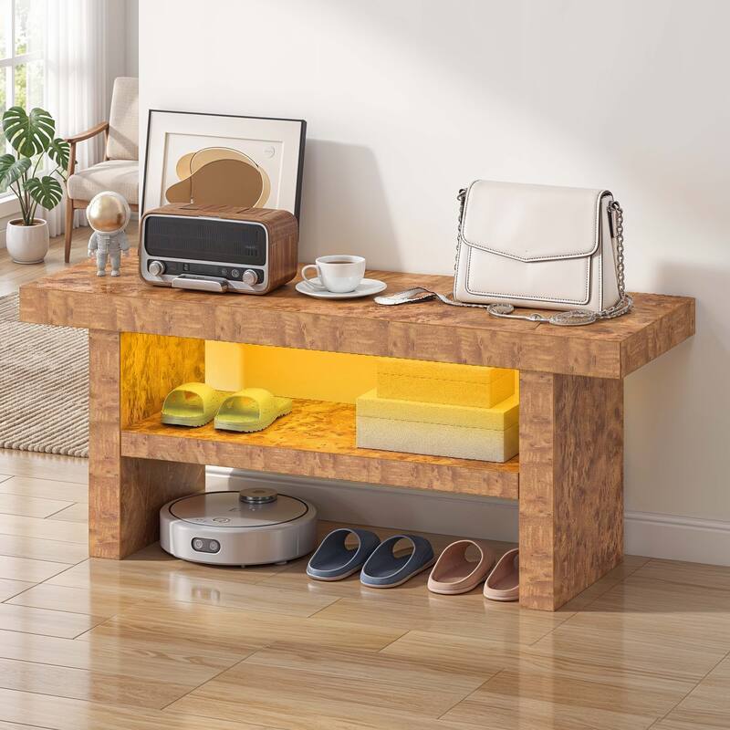 Moasis Entryway Bench with Warm LED Light, Wooden Storage Bench for Hallway
