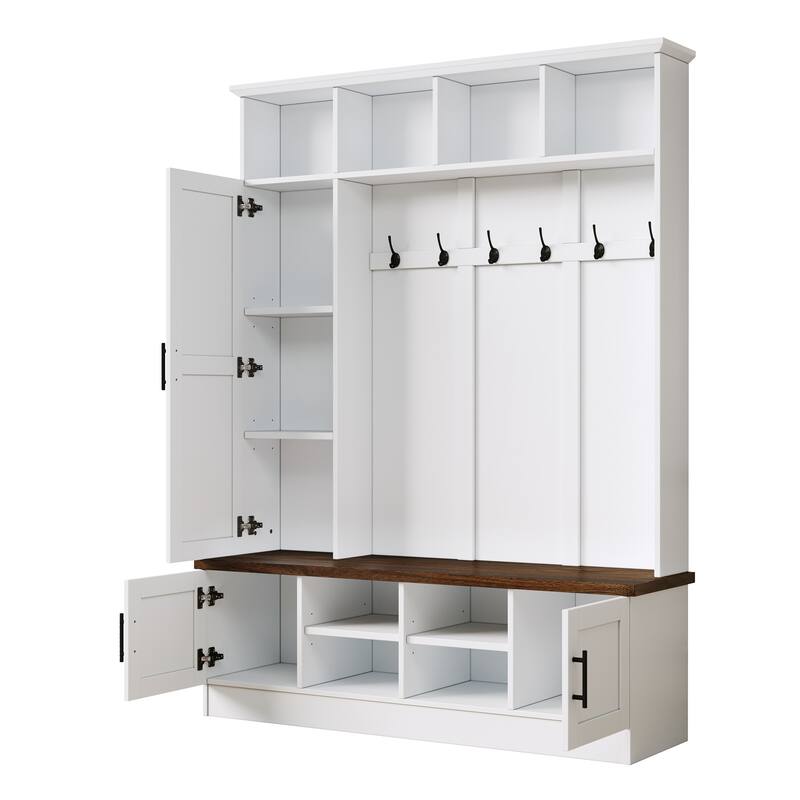Versatile 3-in-1 Farmhouse Hall Tree with with 6 Hooks & Adjustable Shelves - Walnut Storage Benchr