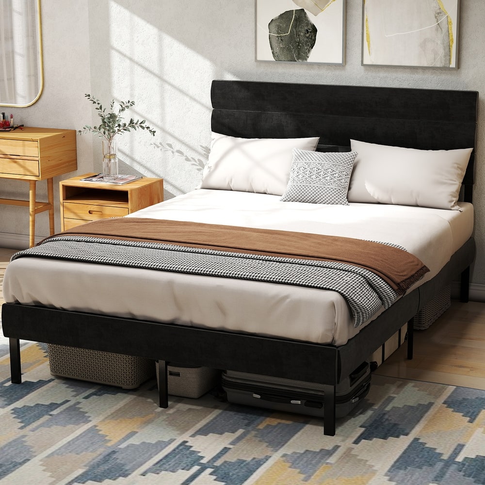 Linen Upholstered Bed Frame Metal Platform Bed Frame with Headboard and 14" Underbed Storage, Metal Slats Support, Noise-Free