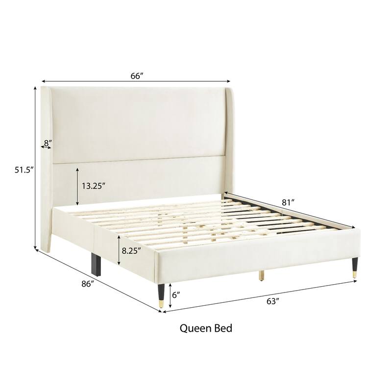 Beige Velvet Wingback Platform Bed, Queen