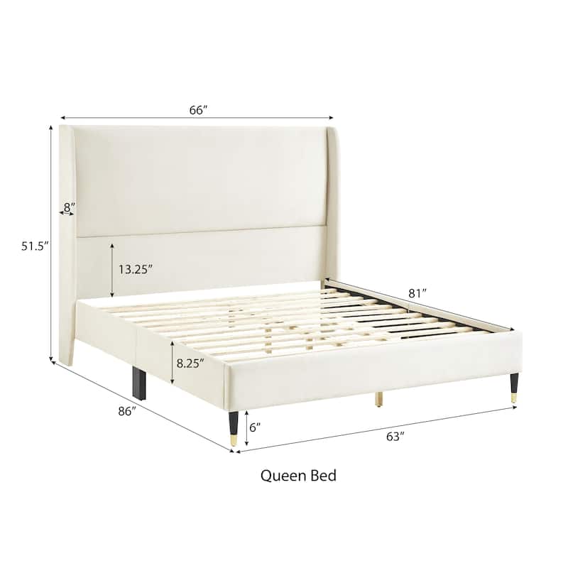 Queen Upholstered Platform Bed in Velvet with Wingback Headboard and Gold-Tipped Legs, Modern Low-Profile Design
