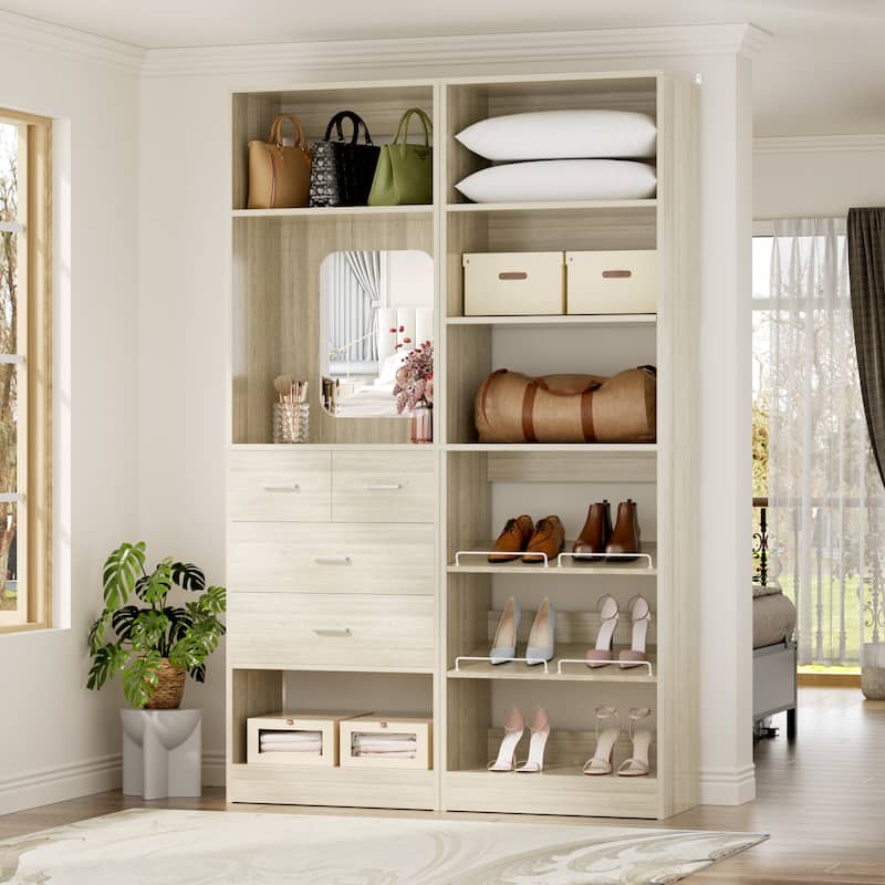 Cimly Set of 2 Freestanding Closet System, 50'' Closet Organizer with Drawers and Shoe Racks for Reach-in/ Walk-in Closet - Washed Oak