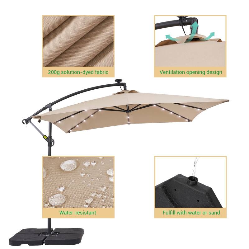 LIVOOSUN Solar Powered 8.2ft LED Patio Offset Umbrella With Base
