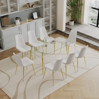 Dining Table Set of 9,0.32" Thick Tempered Glass Top Dining Table with Metal Legs and Eight Fabric Dining Chairs
