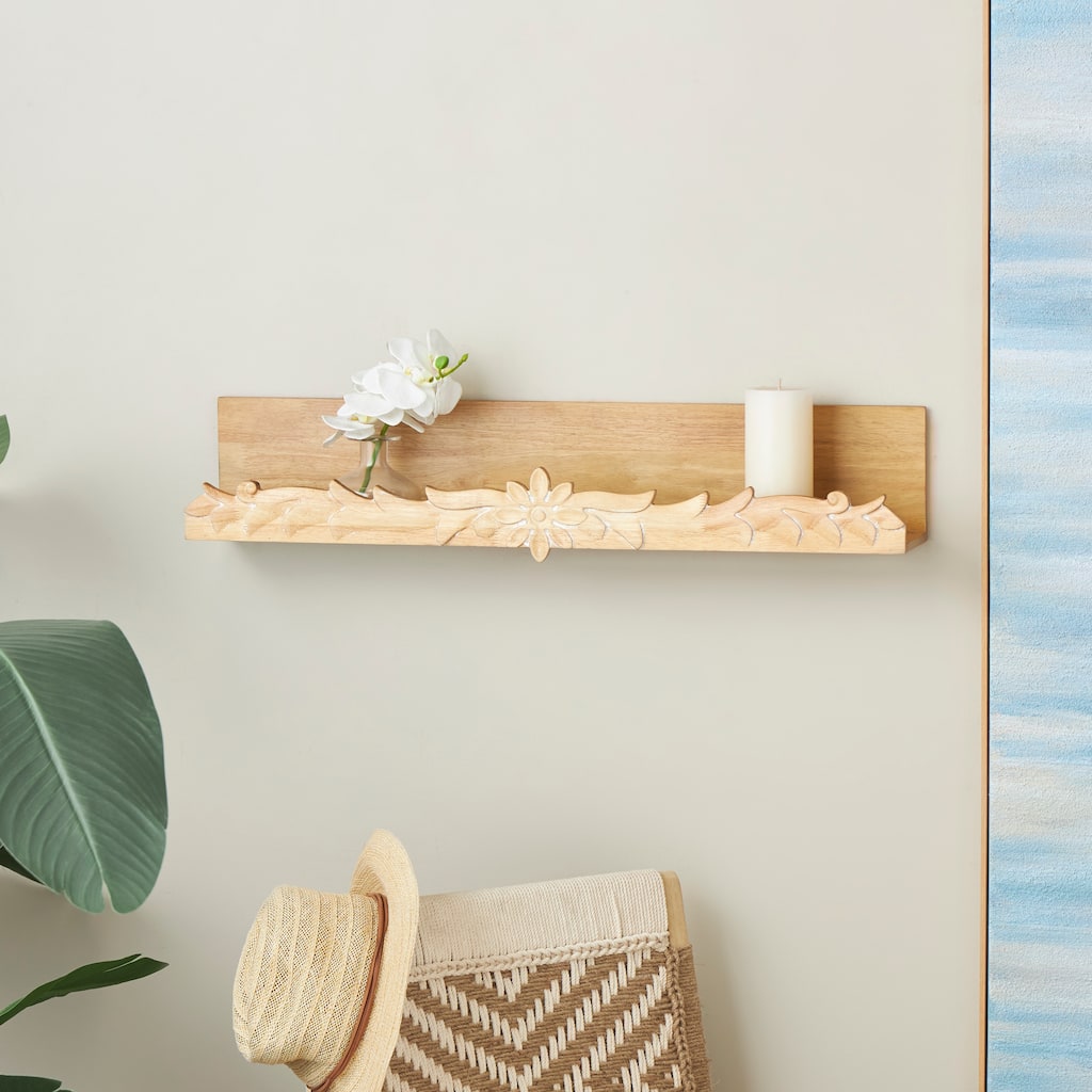 Light Brown Wooden Floral Room Wall Shelf with Carved Scroll Lip