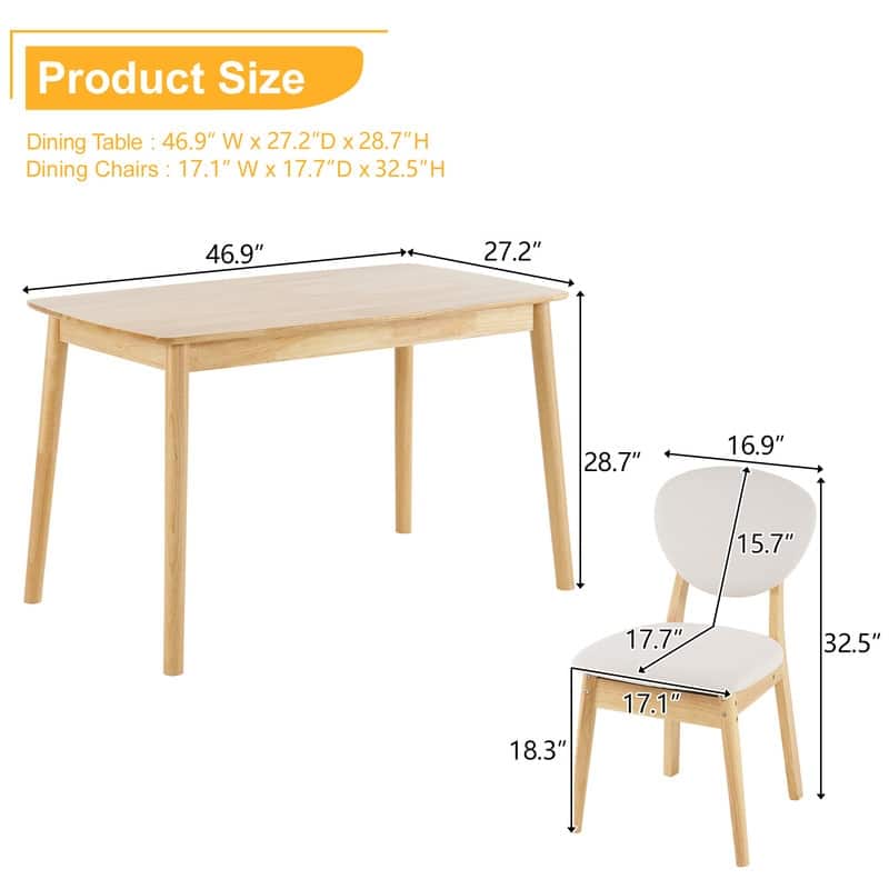 Mid-Century Wood Dining Set with Fabric Chairs,5-Pcs Set,Natural Oak Finish