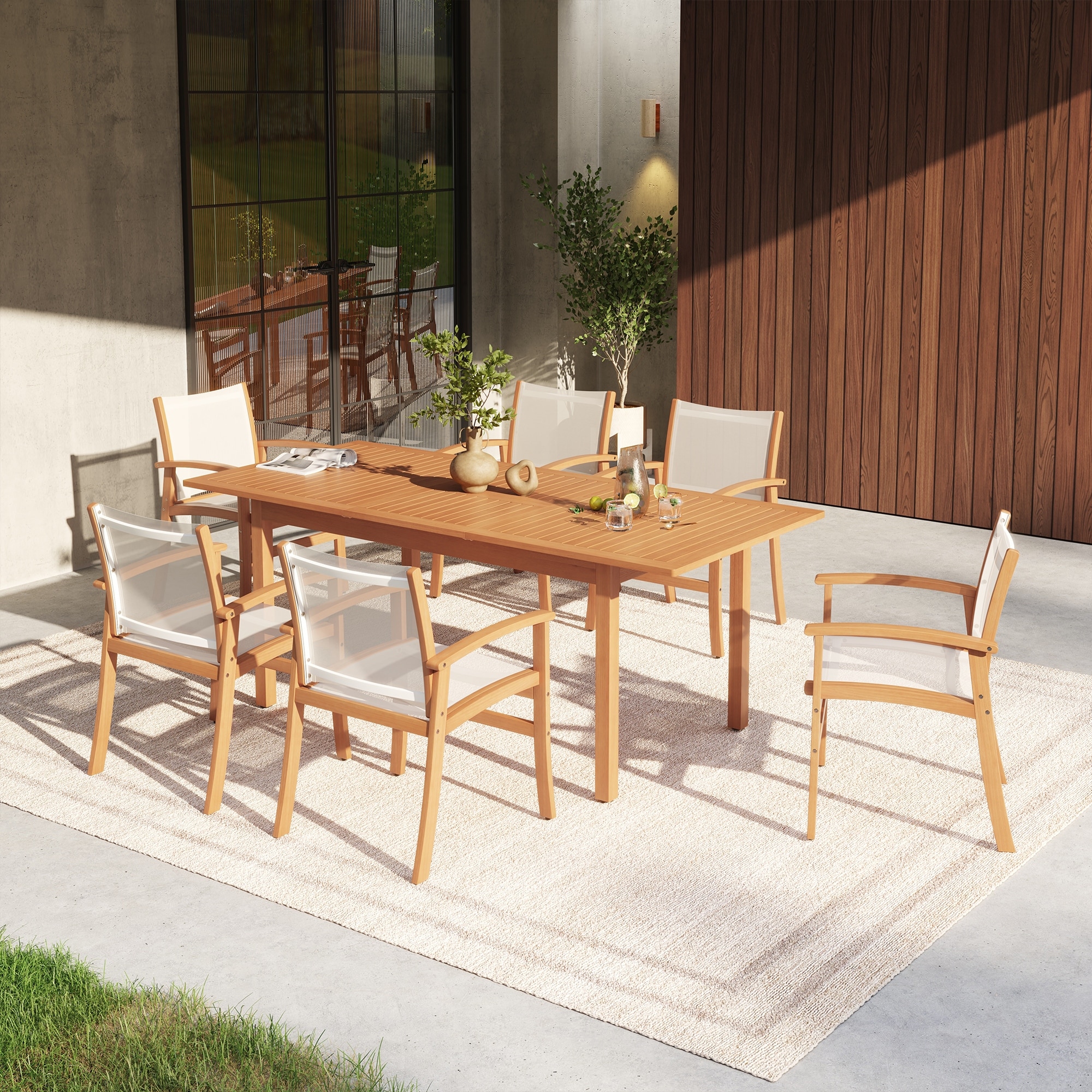 7-Piece Extendable Patio Dining Set with Acacia Wood Table & 6 Breathable Mesh Chairs, Outdoor Furniture Set