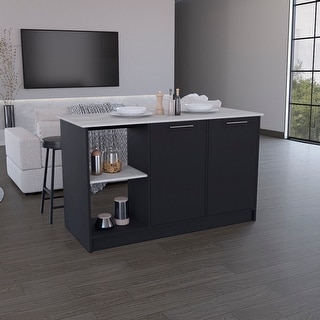 Kitchen Island with Countertop, Shelves & Cabinet in Black