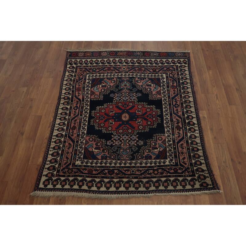 Hand Knotted Oriental 100% Wool Carpet Traditional Geometric Navy Blue & Blues Afshar Area Rug - 3' 10'' X 3' 1''
