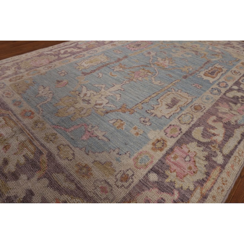 Light Blue Oushak Vegetable Dye Area Rug Hand-Knotted Wool Carpet - 4'1"x 5'9"