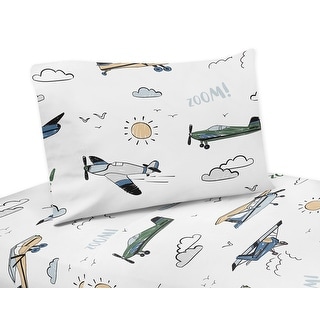 Sweet Jojo Designs Vintage Airplane Boy 4pc Queen Sheet Set Green Blue Yellow Airplanes Plane Transportation Clouds Sun Aviator