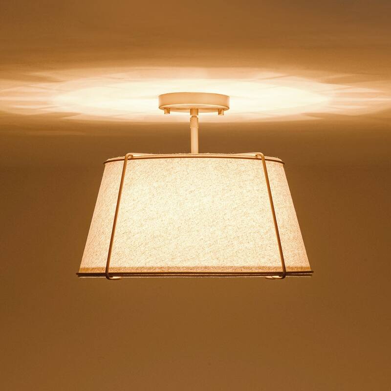 Brass 4-Light Wide Drum Linen Ceiling Light - 17in Mid-Century