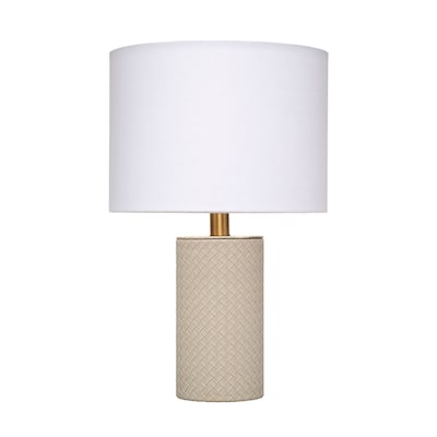 Myn Table Lamp, 18 Inch, White Linen Drum Shade, Gray Leather Base