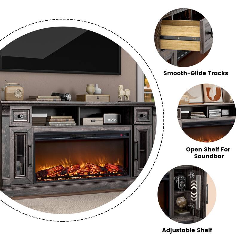 Fireplace TV Stand for 80" TV, Entertainment Center with LED Lights