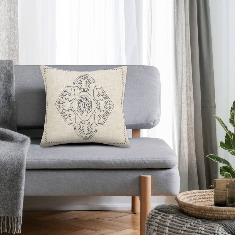 20" Blue and Off White Embroidered Damask Medallion Square Throw Pillow