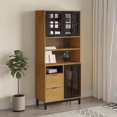 vidaXL Highboard with Glass Doors FLAM 31.5"x15.7"x70.9" Solid Wood Pine - 31.5" x 15.7" x 70.9"