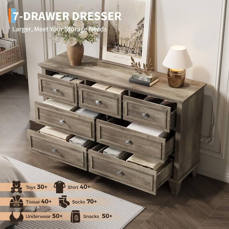 7 Drawer Dresser, Wooden Storage Chest of Drawers for Bedroom, Living Room, Hallway
