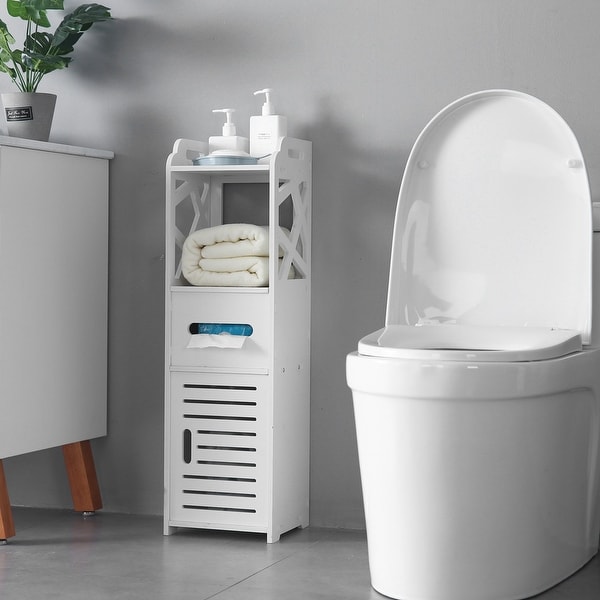 SSLine Slim Bathroom Cabinet Free Standing Corner Toilet Side Storage Shelf Organizer Narrow Bath Storage Cabinet Bathroom Tissue Holder Table with Drawers and Open Shelf