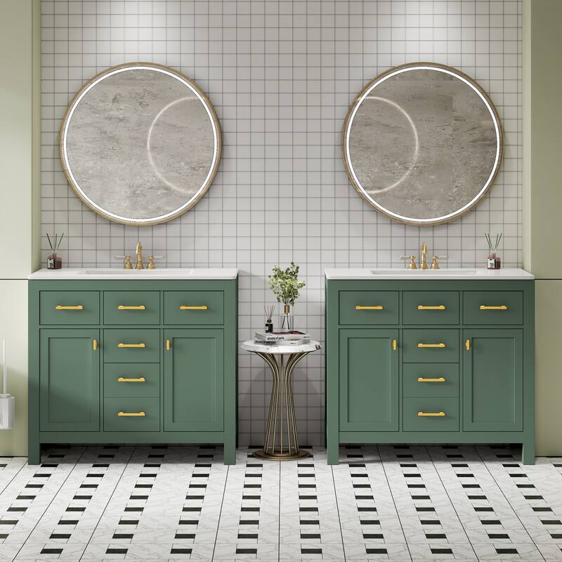 72"Bathroom Vanity with Ceramic Sink Combo Set, Modern Freestanding Single Bathroom Cabinet with 4 Drawers & 2 Cabinets - Green