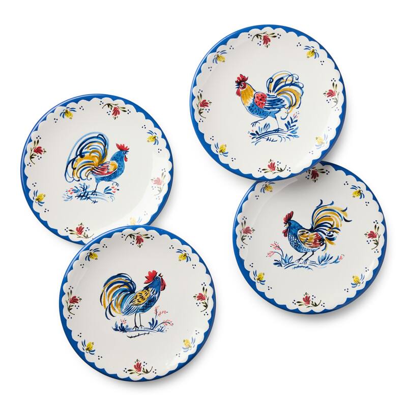 Certified International French Rooster 6" Canape/Luncheon Plates, Set of 4 Assorted Designs - 6.00"L x 6.00"W x 0.75"H