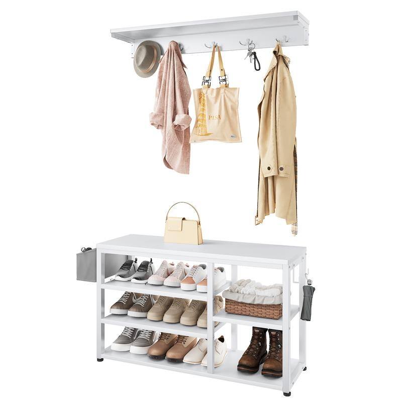 Industrial Hall Tree with 6 Hooks, Entryway Bench with Shoe and Coat Racks