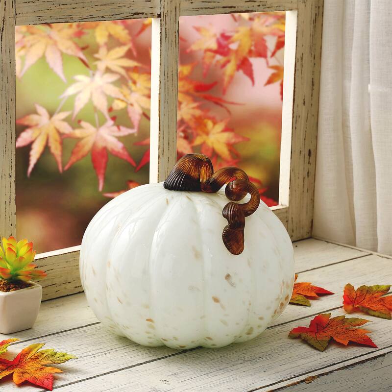 Glitzhome 8.5"D Golden & White Handblown Fall Harvest Glass Pumpkin Thanksgiving Decorations - 9"D