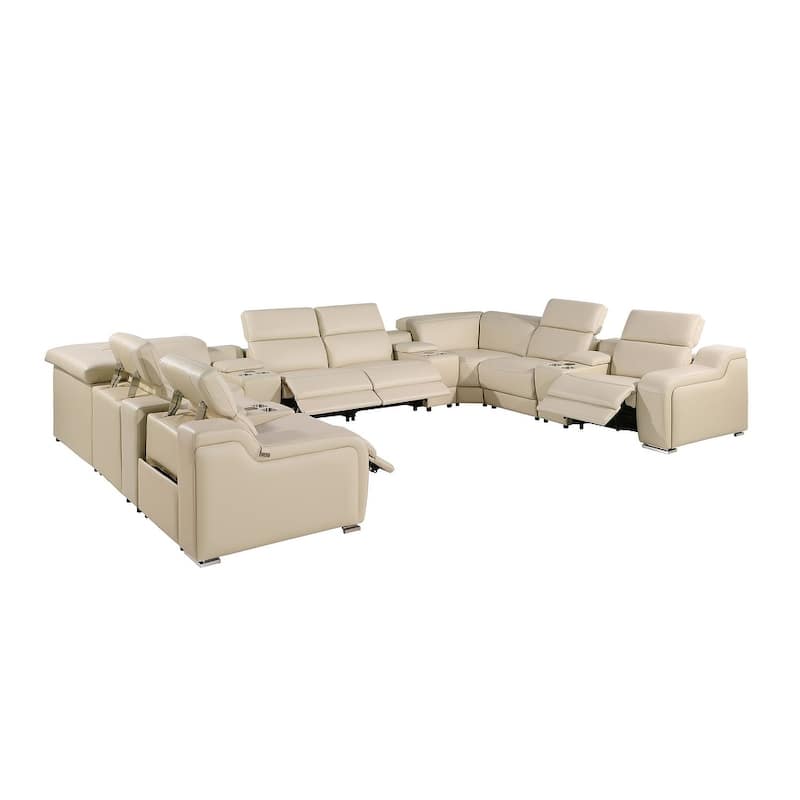HomeRoots Beige Italian Leather Power Reclining U Shaped Twelve Piece Corner Sectional With Console