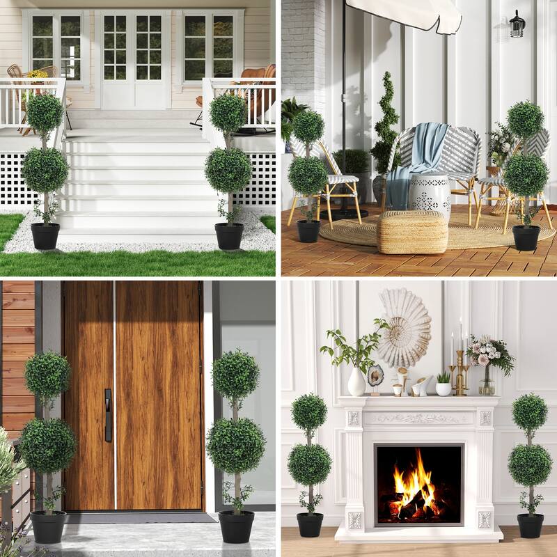 Artificial Boxwood Topiary Ball Trees Green PE Cement Pots for Indoor and Outdoor Decoration - 36" - Green-Black