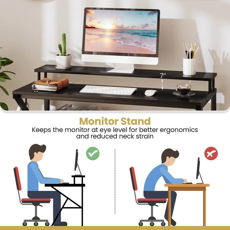 Costway Home Office Desk with Monitor Stand, Open Shelf & Metal Frame, - See Details