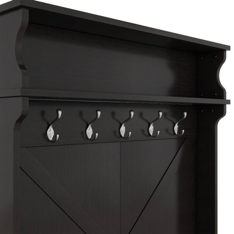 47.2"W Hall Tree Entryway Bench with Coat Rack with 5 Hanging Hooks and Shoe Cabinet