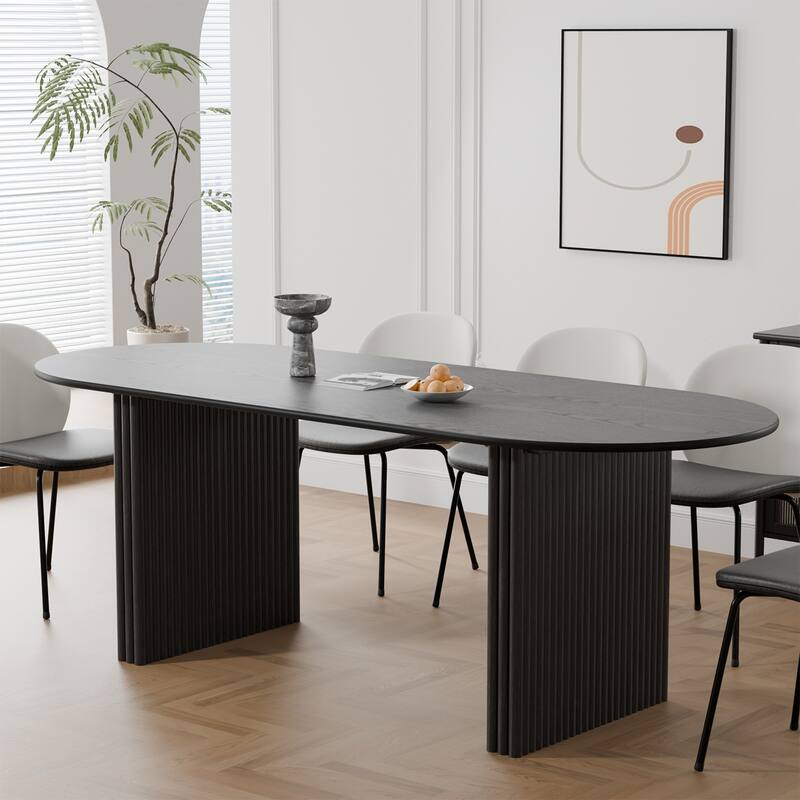 Large Oval Dining Table Seats 4-6 Modern Farmhouse Kitchen Table with Wood Strip Base for Home Living Room Kitchen Bar - Black