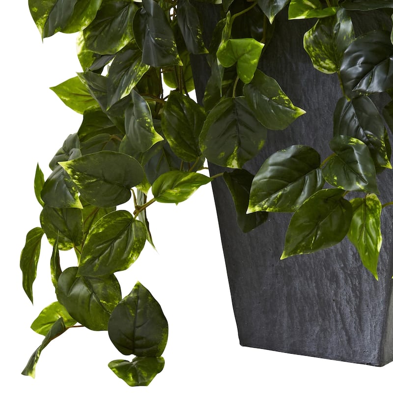 Hanging Artificial Plant with Slate Planter, Indoor Outdoor Decor, UV Resistant Greenery, Antique Accents Home Decor - 2.42ft.