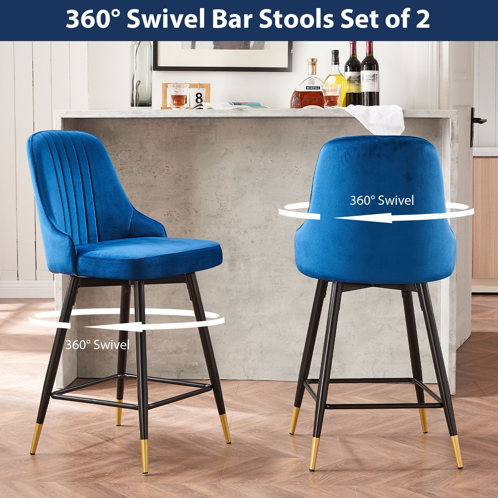 Blue velvet bar store stools set of 2