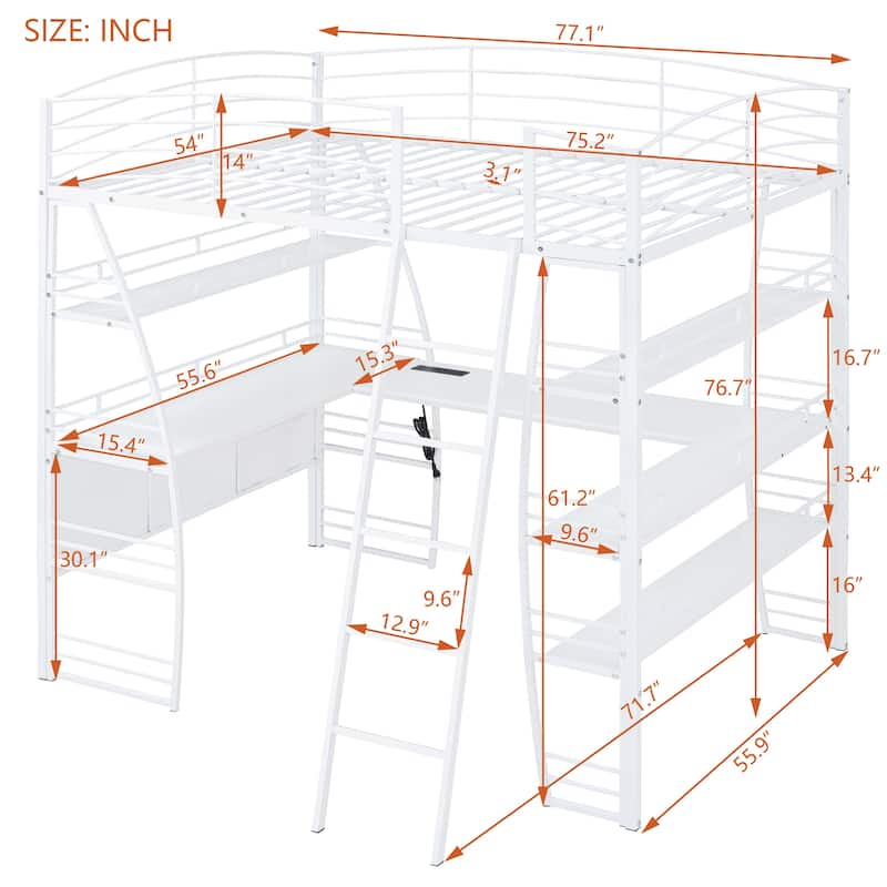 Metal Loft Bed Frame, Under Bed with 4 Layers of Shelves & L-shaped Desk, Desktop with Sockets, USB Ports, Wireless Charging