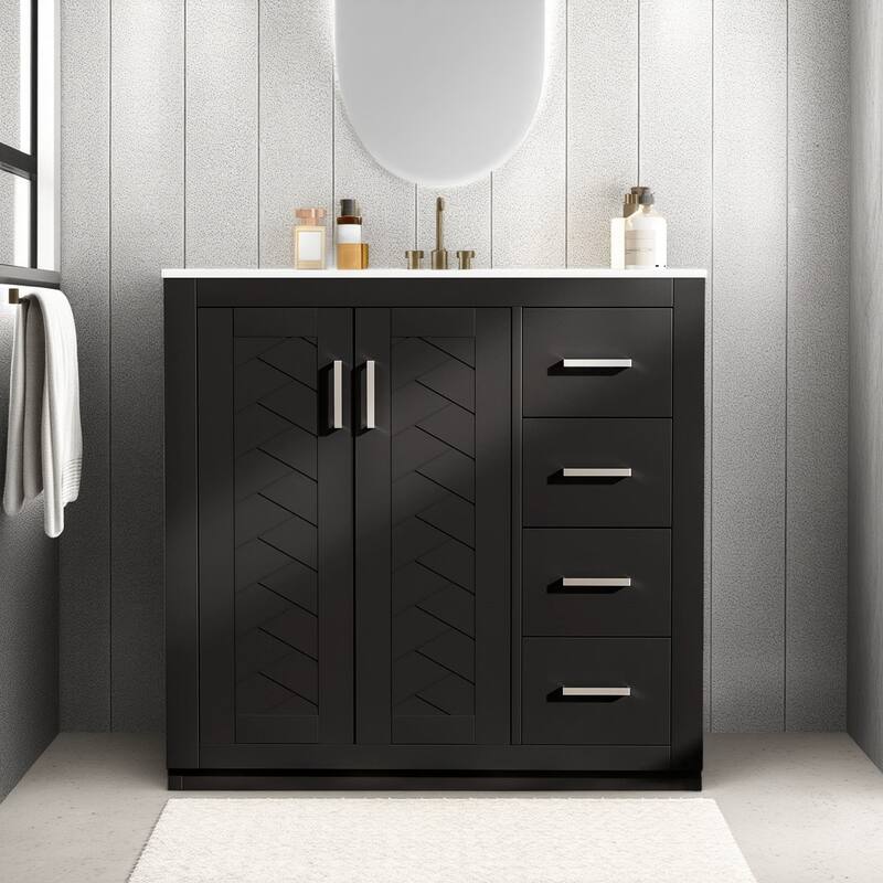 36'' Freestanding Bathroom Vanity with Sink, Solid Wood Frame, 3 Drawers - Black