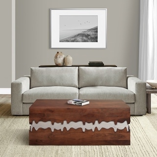 Allen 45 Inch Acacia Wood Coffee Table, Artistic Wavy Design, Walnut Brown and Off White