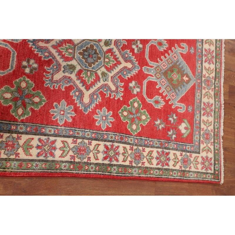 Geometric Orange Kazak Rug Hand-Knotted Wool Carpet - 3'4" x 5'0"