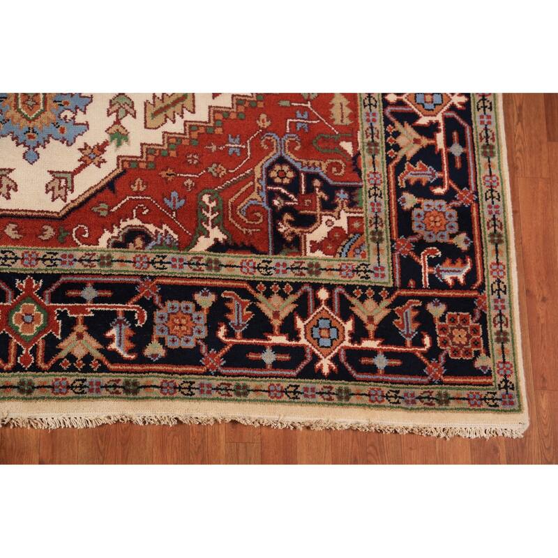Geometric Ivory Heriz Serapi Indian Area Rug Handmade Wool Carpet - 7'9"x 10'2"