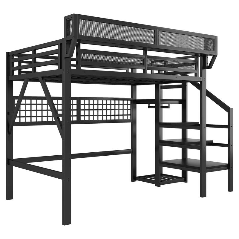 Full / Queen Metal Loft Bed with Stairs Light Storage Wardrobe for Kids Teens Adults