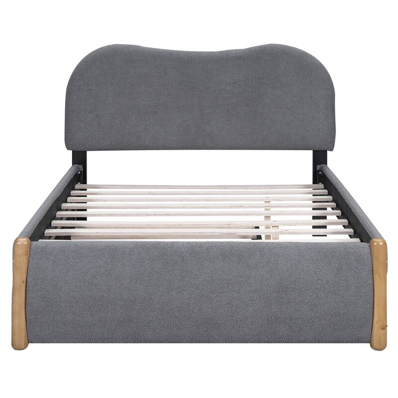 Full Size Upholstered Platform Bed with Wood Supporting Feet and Twin Size Trundle