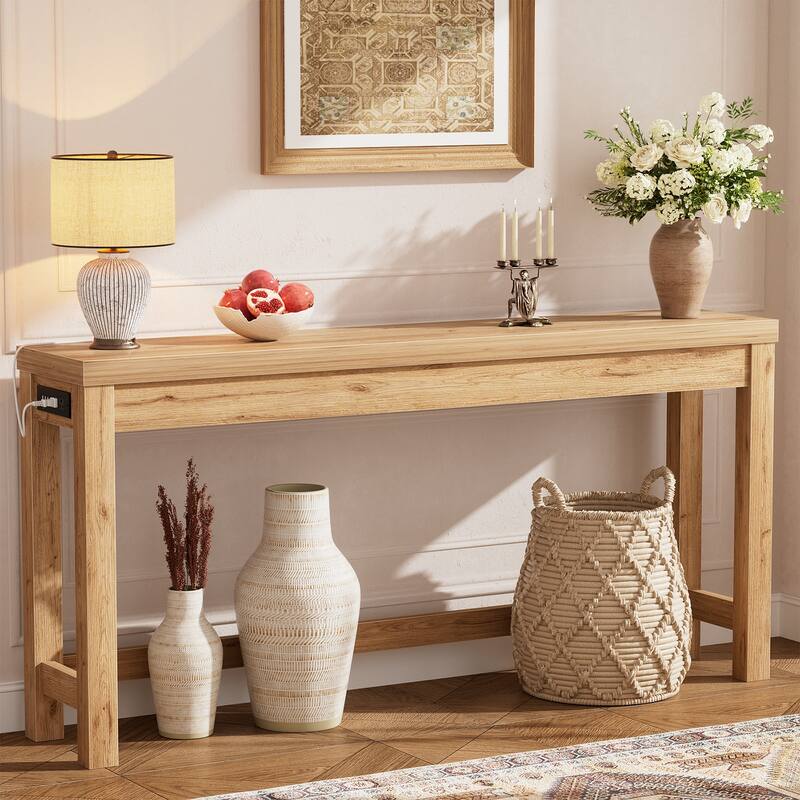 63-In Console Table with Charging Station, Farmhouse Entryway Table/ Behind Couch Table