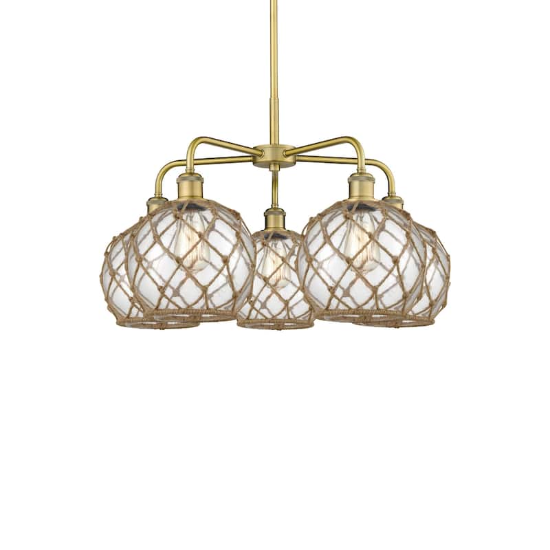Innovations Lighting 516-5CR-16-27 Farmhouse Rope Chandelier Farmhouse - Brushed Brass / Clear Glass with Brown Rope